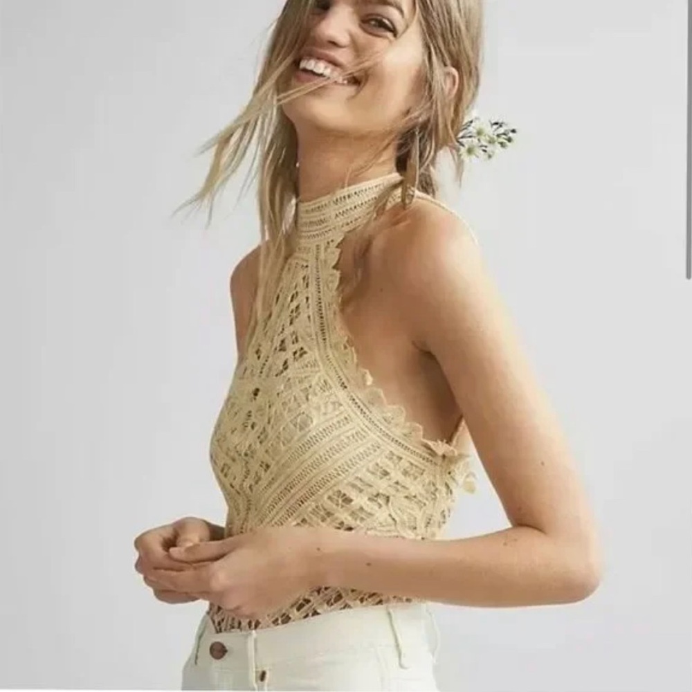 Free People Lace Halter Bodysuit in Cream